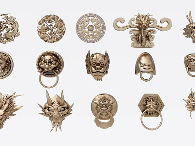 Ornate Golden Metal Door Knockers With Dragon Lion Head Motifs And Decorative Designs 3d model
