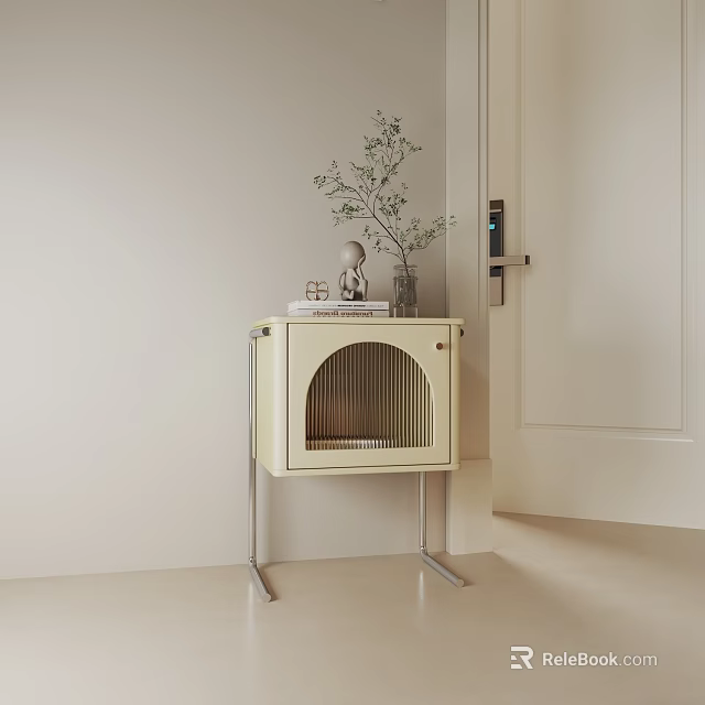 Minimalist Entryway Side Cabinet With Arched Grille Door And Decorative Plant Vase Ornaments 3d model 