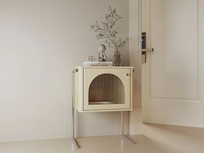 Minimalist Entryway Side Cabinet With Arched Grille Door And Decorative Plant Vase Ornaments 3d model