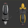 Two White Blue and Yellow Black Scooters With Seats Rearview Mirrors On Dark Reflective Surface