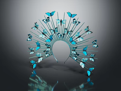 Elegant Fan Shaped Headpiece With Blue Butterfly Decorations And Exquisite Design 3d model