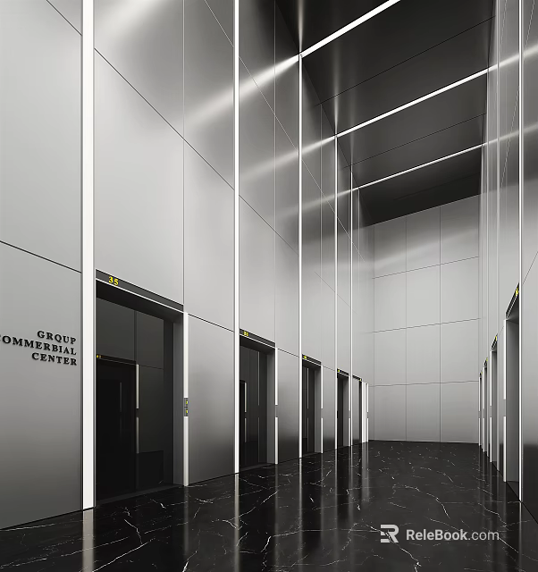 Modern Elevator Lobby Interior With Metallic Walls Multiple Doors And Sleek Lighting 3d model