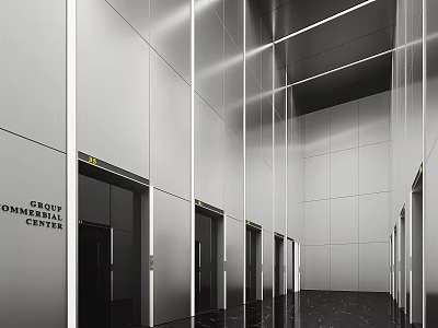 Modern Elevator Lobby Interior With Metallic Walls Multiple Doors And Sleek Lighting 3d model