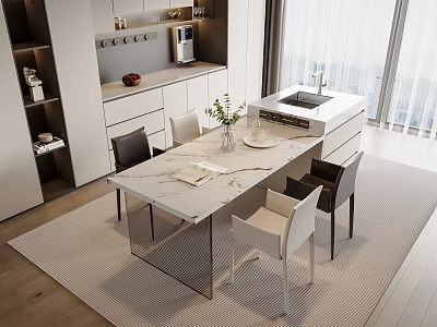 Elegant Modern Dining Table Set With Marble Top And Matching Chairs In Open Layout 3d model