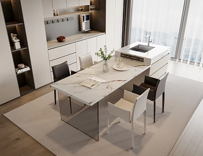 Elegant Modern Dining Table Set With Marble Top And Matching Chairs In Open Layout 3d model
