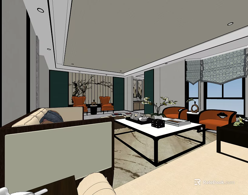 Hotel Public Lounge Area With Comfortable Sofas Modern Coffee Table Large Windows And Decorative Plants 3d model
