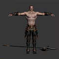 Shirtless Muscular Man With Arms Outstretched In Ornate Pants And Boots Holding Spear