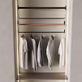 Light Hanging Clothes On Metal And Wooden Hanger Rods Against Gray Wall With Metal Shelf
