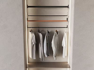 Light Hanging Clothes On Metal And Wooden Hanger Rods Against Gray Wall With Metal Shelf 3d model
