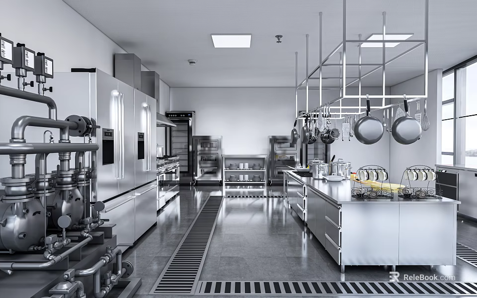 Commercial Kitchen With Stainless Steel Appliances Hanging Pots Worktables And Bright Lighting 3d model 