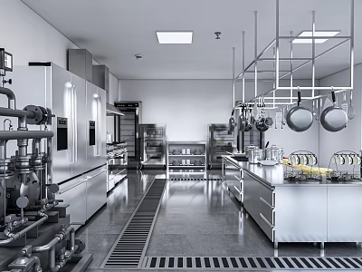 Commercial Kitchen With Stainless Steel Appliances Hanging Pots Worktables And Bright Lighting 3d model