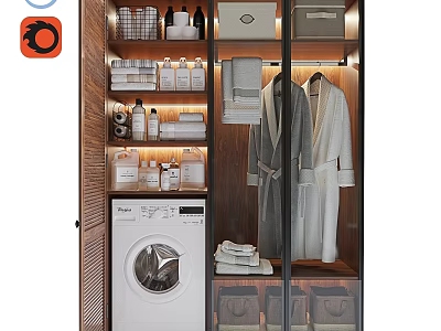 Organized Laundry Room Storage With Washing Machine Hanging Robes Stacked Towels And Supplies 3d model