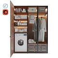 Organized Laundry Room Storage With Washing Machine Hanging Robes Stacked Towels And Supplies
