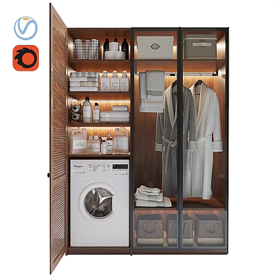 Organized Laundry Room Storage With Washing Machine Hanging Robes Stacked Towels And Supplies 3d model
