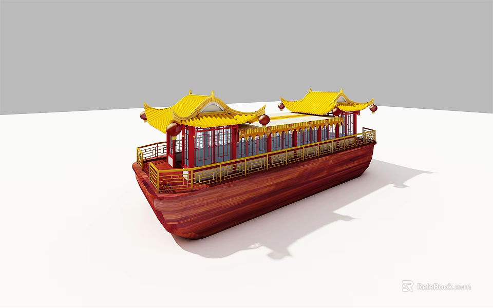 Traditional Chinese Wooden Boat With Yellow Roofs Red Hull And Decorative Railings 3d model 