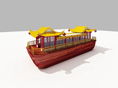 Traditional Chinese Wooden Boat With Yellow Roofs Red Hull And Decorative Railings 3d model