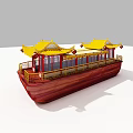 Traditional Chinese Wooden Boat With Yellow Roofs Red Hull And Decorative Railings