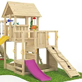 Wooden Playground Set With Swing Slide Climbing Wall And Playhouse Structure