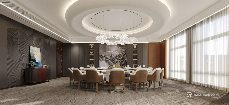 Luxurious Private Dining Room With Round Table And Art Decor 3d model