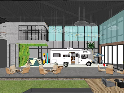 Charming Outdoor Café Featuring RV Tent Surfboard Green Wall Wooden Deck And Lawn Area 3d model