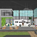 Charming Outdoor Café Featuring RV Tent Surfboard Green Wall Wooden Deck And Lawn Area