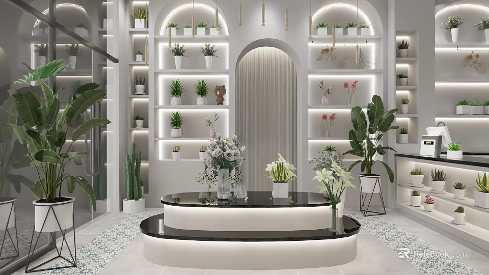 Elegant Modern Plant and Flower Boutique Interior With Display Shelves Round Showcase And Archway Lighting 3d model 