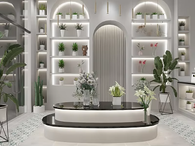 Elegant Modern Plant and Flower Boutique Interior With Display Shelves Round Showcase And Archway Lighting 3d model