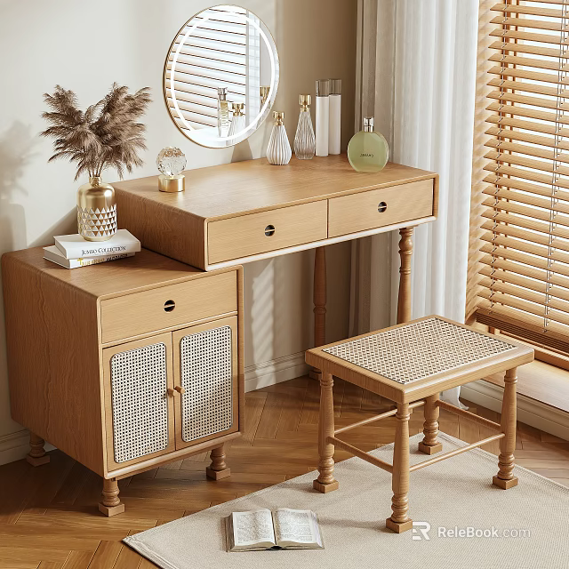 Natural Wooden Dressing Table With Drawers Woven Stool Round Mirror And Decorative Items 3d model 