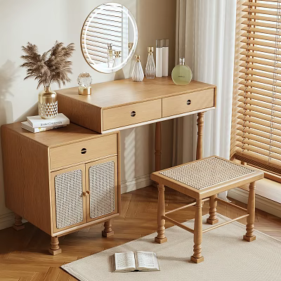 Natural Wooden Dressing Table With Drawers Woven Stool Round Mirror And Decorative Items 3d model
