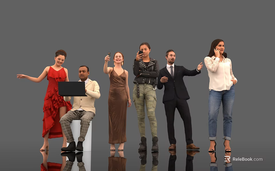 Group of People in Different Poses With Laptop Phone And Casual Formal Attire 3d model 