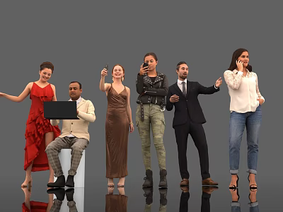 Group of People in Different Poses With Laptop Phone And Casual Formal Attire 3d model