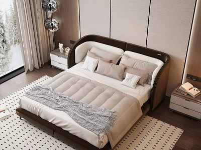 Modern Bedroom Interior With Large Bed Dark Wooden Headboard Light Bedding And Snow View Window 3d model