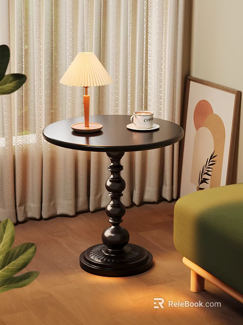 Round Black Side Table With Baluster Base Lamp Coffee Cup Green Leaves And Beige Curtains 3d model 
