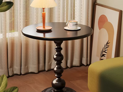 Round Black Side Table With Baluster Base Lamp Coffee Cup Green Leaves And Beige Curtains 3d model