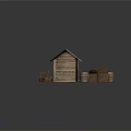 Wooden Cabin Scene With Sandy Ground Wheelbarrow Barrels Crates And Bench
