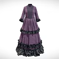Purple High Neck Gray Patterned Dress With Black Ruffled Three Quarter Sleeves And Layered Skirt