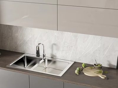 Stainless Steel Kitchen Sink With Modern Faucet On Marble Countertop And Fresh Vegetables 3d model