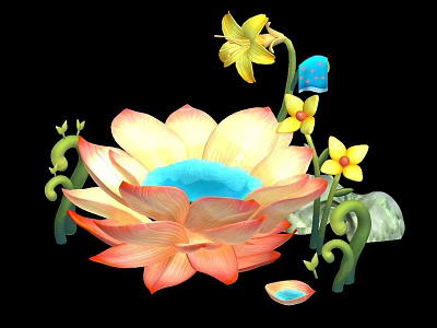 Decorative Lotus Flower Ornament With Blue Center Yellow Blossoms And Green Vines 3d model