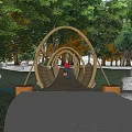 Scenic Landscape Bridge With Curved Wooden Structure People Walking Amidst Trees And Stream