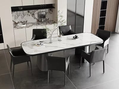 Modern Oval Dining Table Set with Marble Top and Six Black Chairs in Sleek Design 3d model