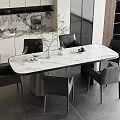 Modern Oval Dining Table Set with Marble Top and Six Black Chairs in Sleek Design