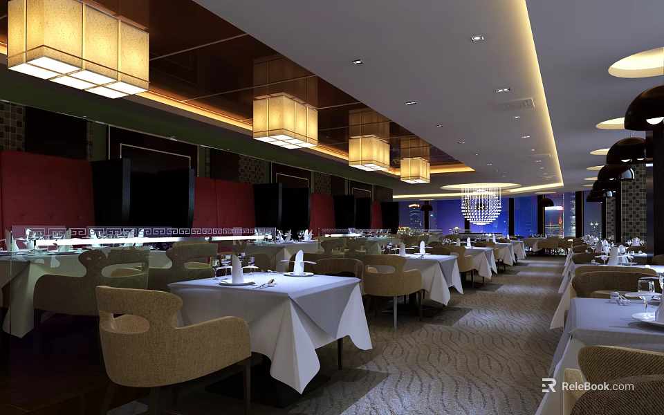 Elegant Restaurant Interior With White Tablecloths Beige Chairs And Hanging Lanterns 3d model 