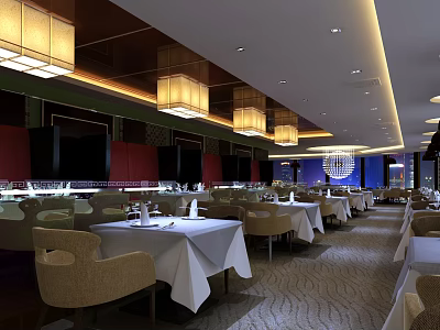 Elegant Restaurant Interior With White Tablecloths Beige Chairs And Hanging Lanterns 3d model