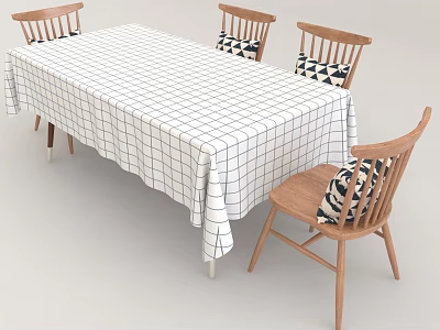 Wooden Dining Table Set With White Grid Tablecloth And Black White Cushioned Chairs 3d model