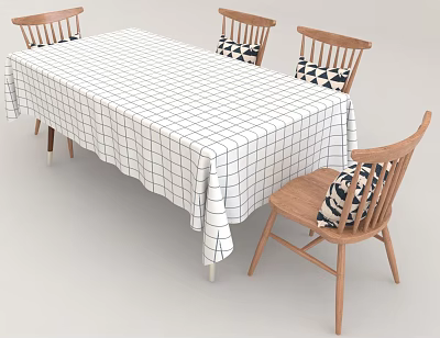 Wooden Dining Table Set With White Grid Tablecloth And Black White Cushioned Chairs 3d model