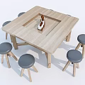 Wooden Square Table With Central Recessed Area And Four Grey Padded Stools Set 3d model