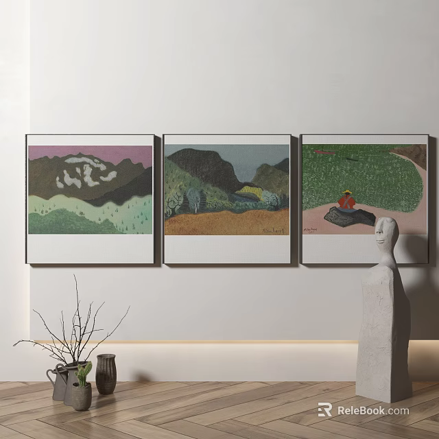 Three Landscape Paintings On Wall With Sculpture And Home Decor Elements 3d model