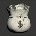 White Money Bag Featuring Dollar Sign Filled With Stacked US Dollar Bills