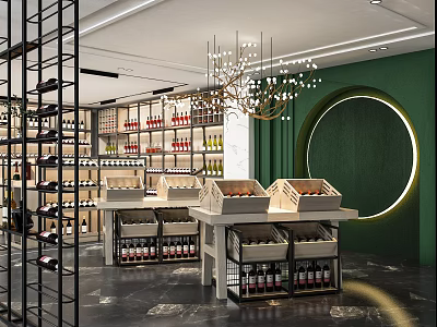 Wine and Liquor Store Interior with Wine Racks Chandelier Green Wall and Circular Decor 3d model