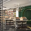 Wine and Liquor Store Interior with Wine Racks Chandelier Green Wall and Circular Decor
